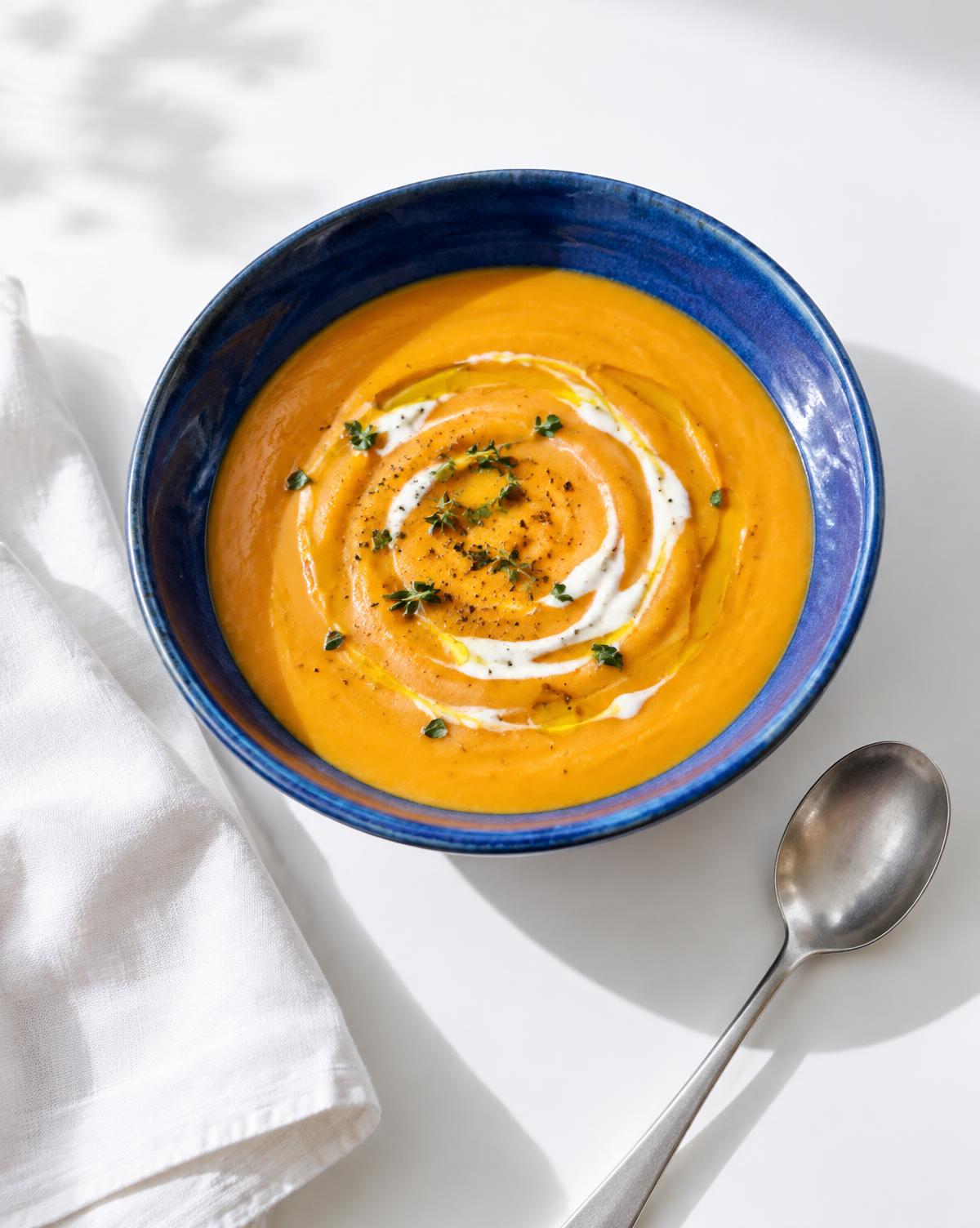 Smooth orange soup in a cobalt ceramic bowl on a white table